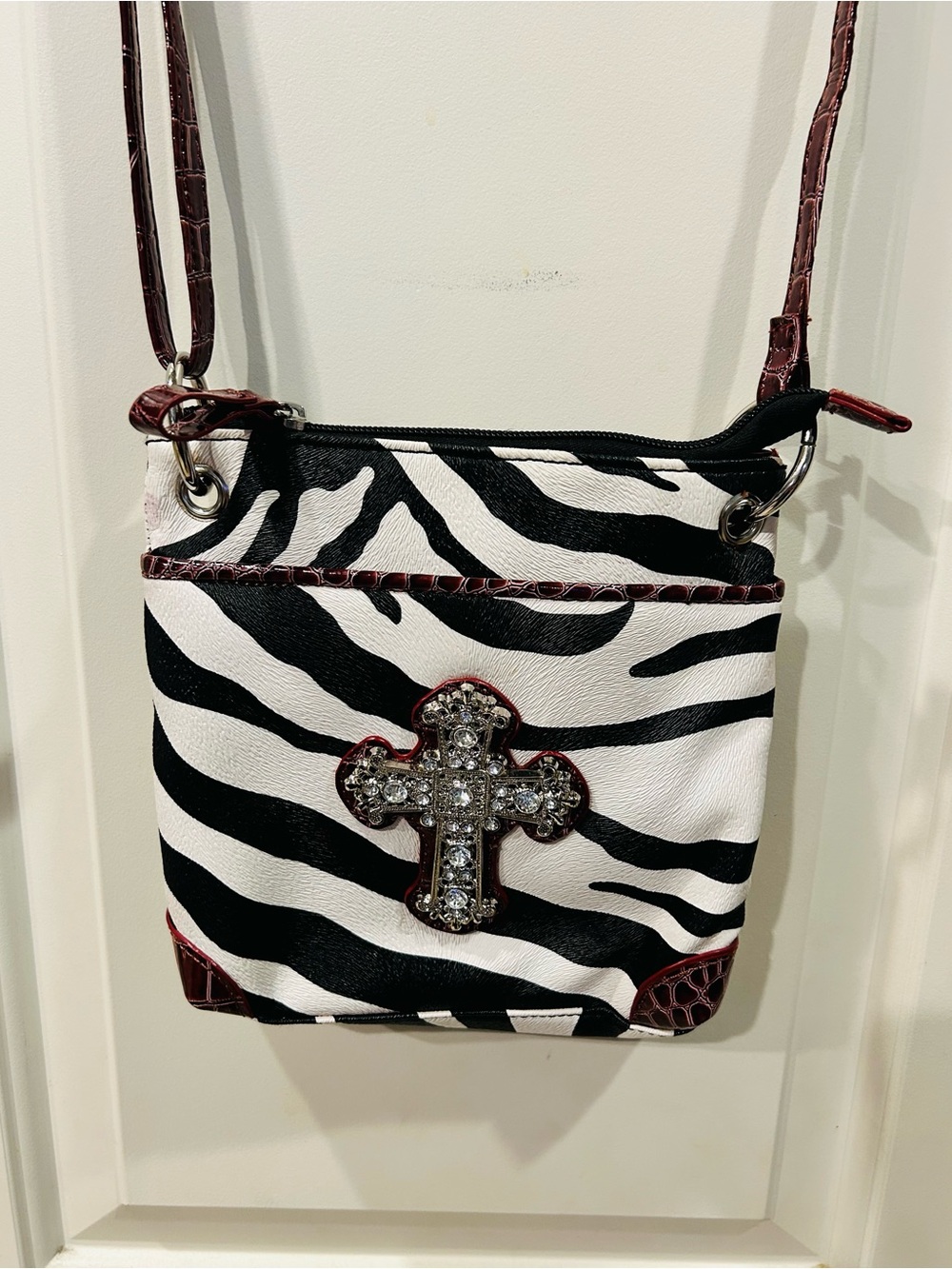 Zebra-Print Crossbody Bag Y2K Rhinestone Cross Red Croc & Silver Tone Accents